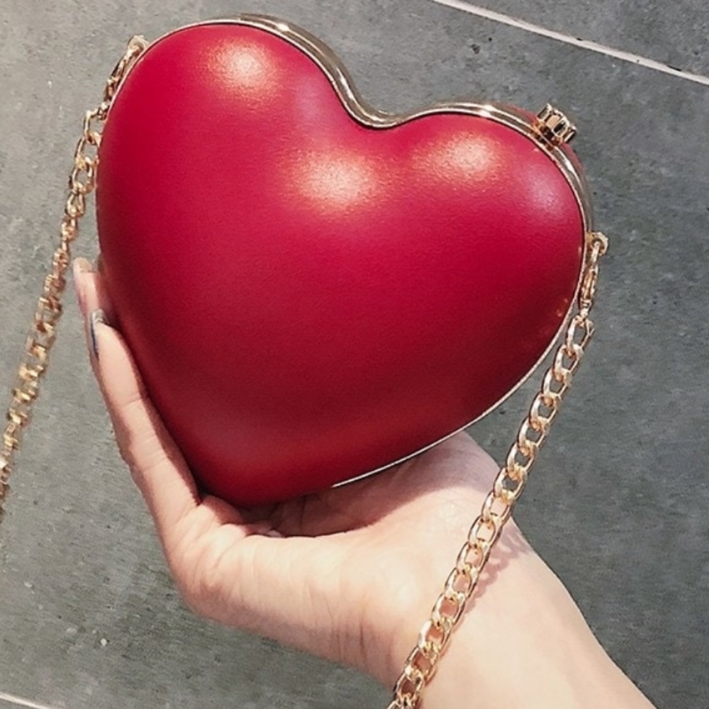 Cherry Red Heart Shaped Ruby Clutch Purse Retro Chain Faux Leather New